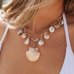 ✨ Gold Seashell Charm Necklace. Coastal Statement Piece ✨